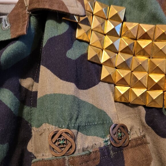 Vintage Upcycle Military BDU Print Button Up Joe Exotic Gold Studs American Flag - Picture 7 of 11
